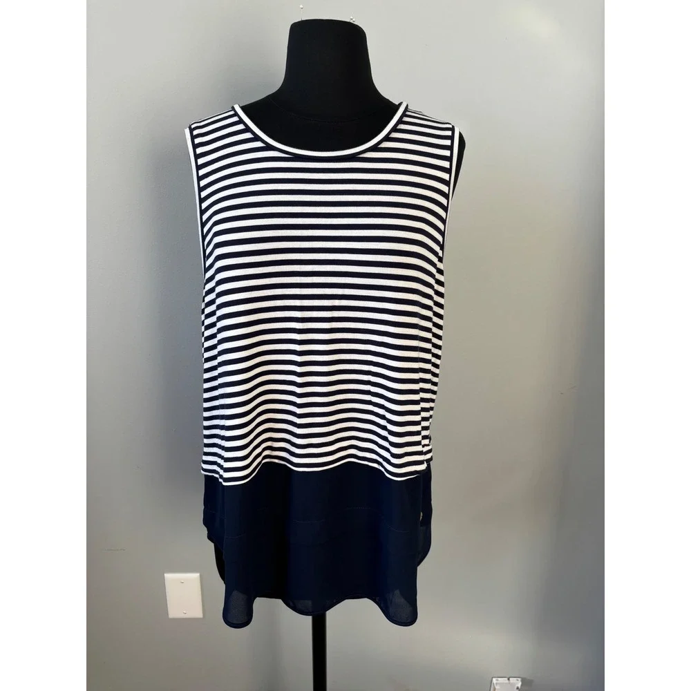 Michael Kors Striped Sleeveless Top Blouse Navy Blue Chiffon Trim Size S